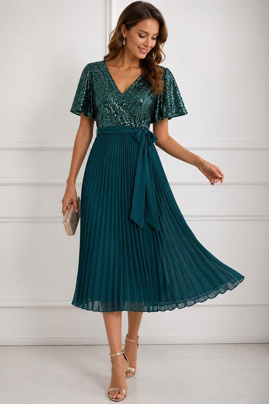 In Loom Teal Sequin Pleated Midi Dress Size M Flutter Sleeve Belted Formal Party
